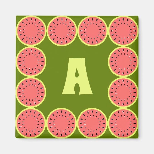 Watermelon Pink Monogram square Magnet (Front)