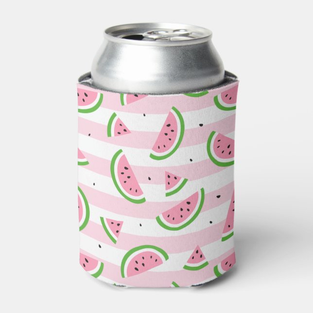 Watermelon Pink Striped Pattern Can Cooler (Can Front)