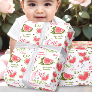 Watermelon Pink Summer 1st Birthday Girl Name Text Wrapping Paper