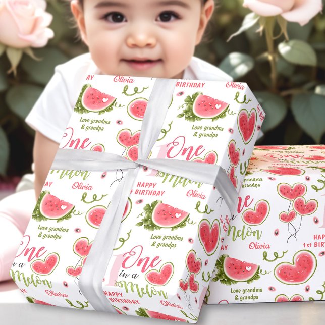 Watermelon Pink Summer 1st Birthday Girl Name Text Wrapping Paper (Watermelon Pink Summer 1st Birthday Girl Name Text Wrapping Paper)