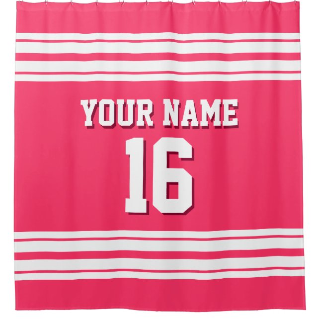Watermelon Pink with White Stripes Sports Jersey Shower Curtain (Front)