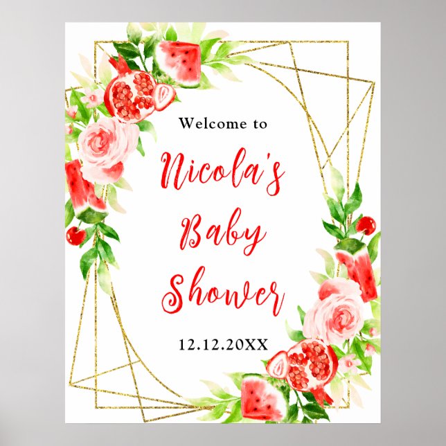 Watermelon Pomegranate Baby Shower Welcome Poster (Front)