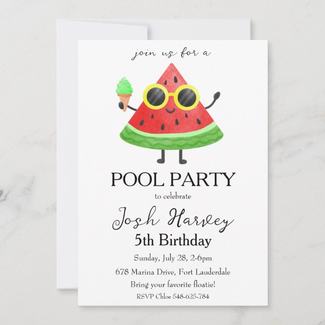 watermelon pool party birthday invitations (Front)