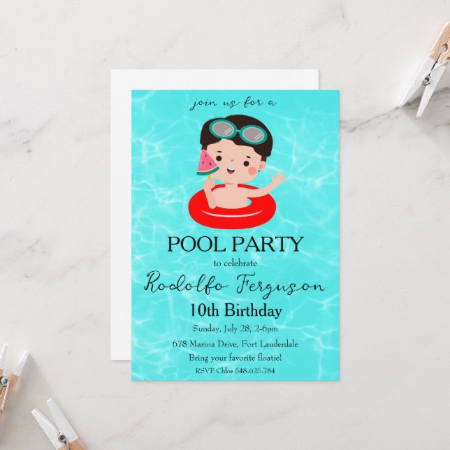 watermelon pool party birthday invitations (Front/Back In Situ)
