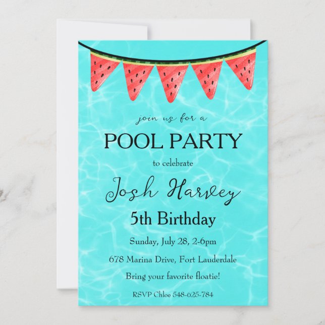 watermelon pool party birthday invitations (Front)