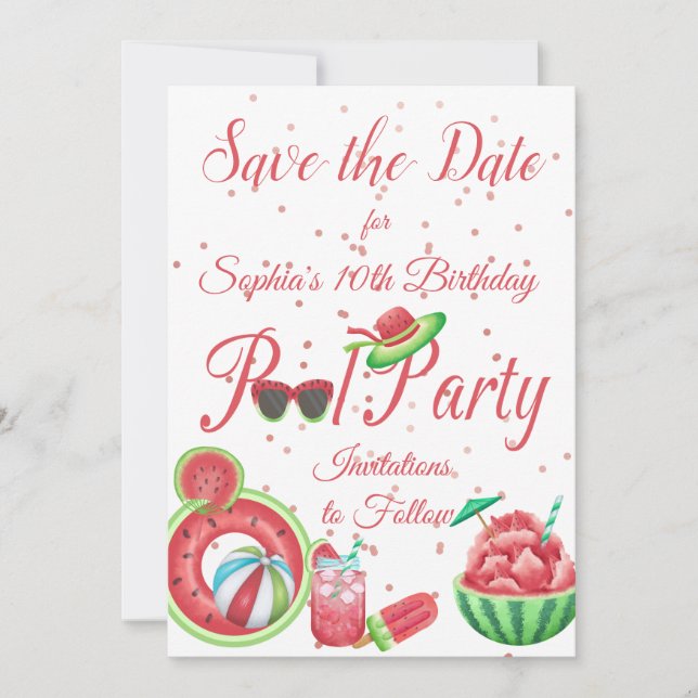 Watermelon Pool Party Birthday,  Save The Date (Front)