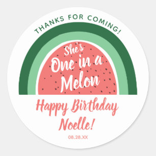 Watermelon Rainbow, She's One in a Melon, Birthday Classic Round Sticker