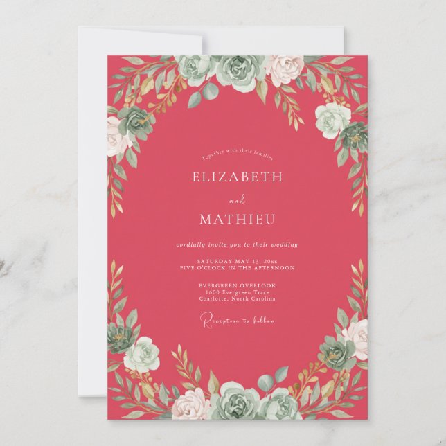 Watermelon Sage Foliage Eucalyptus Wedding Invitation (Front)