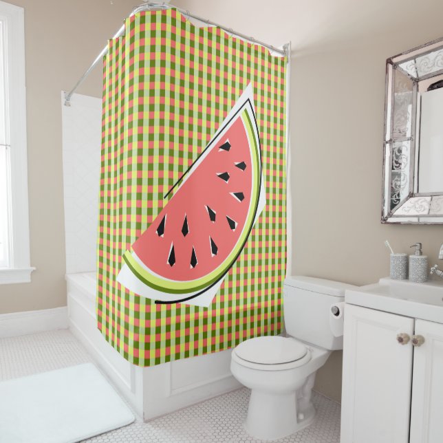 Watermelon Slice Check shower curtain (In Situ)