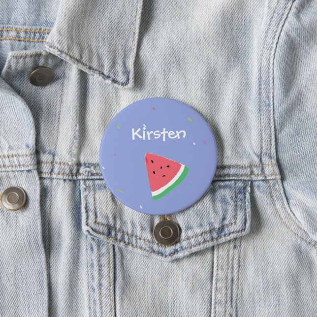 Watermelon slice custom name blue 7.5 cm round badge (In Situ)