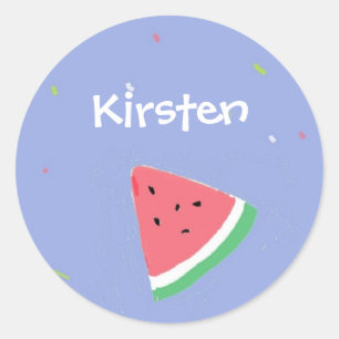 Watermelon slice custom name blue classic round sticker