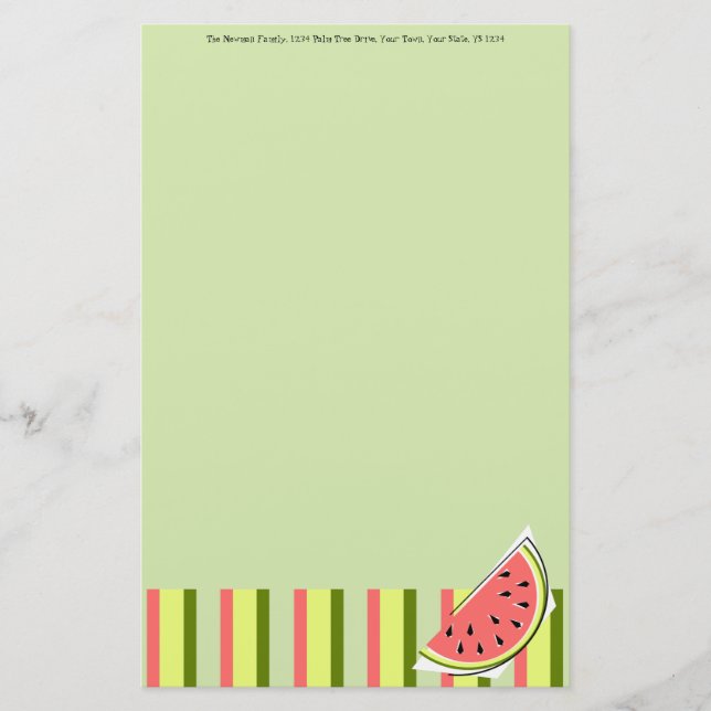 Watermelon Slice Green Stripe Classic Text Stationery (Front)