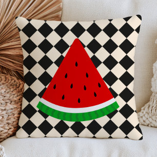 Watermelon Slice on Black& White Diamond Pattern Cushion