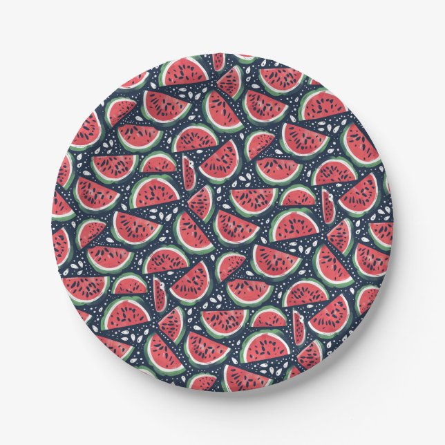 Watermelon Slice Pattern on Blue Picnic Paper Plate (Front)
