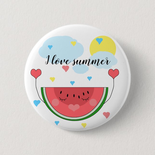 Watermelon slice, text, "I love summer", 6 Cm Round Badge (Front)
