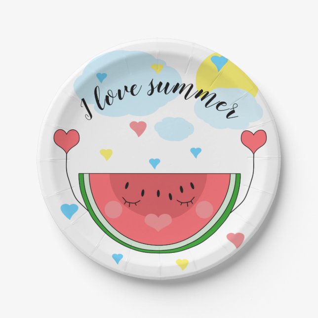 Watermelon slice, text, "I love summer", Paper Plate (Front)