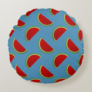 Watermelon Slices on a Bright Blue Background Round Cushion