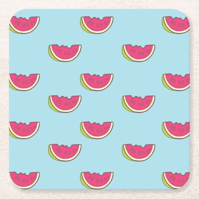 Watermelon Slices on Teal Pattern Square Paper Coaster (Front)