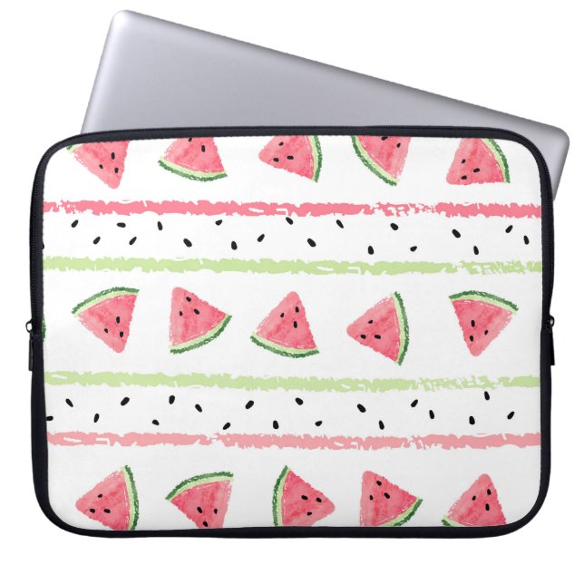 Watermelon Slices: Watercolor Striped Seamless Laptop Sleeve (Front)