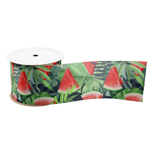 Watermelon slices with tropical leaves satin ribbon (Spool)