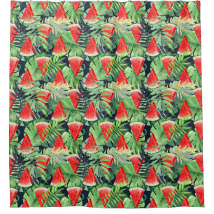Watermelon slices with tropical leaves shower curtain