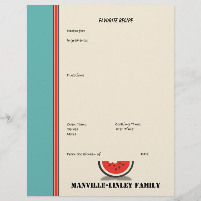 Watermelon Stripe Custom Recipe Page (unlined) (Front)