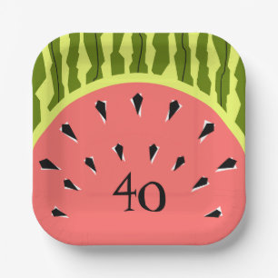 Watermelon Stripe Pink 40 Age square Paper Plate