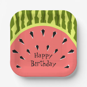 Watermelon Stripe Pink Happy Birthday square Paper Plate