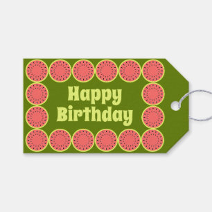 Watermelon Stripe Pink Happy Birthday text back Gift Tags