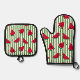 Watermelon Stripe Seamless Pattern Oven Mitt & Pot Holder Set