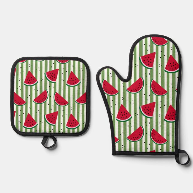 Watermelon Stripe Seamless Pattern Oven Mitt & Pot Holder Set (Front)