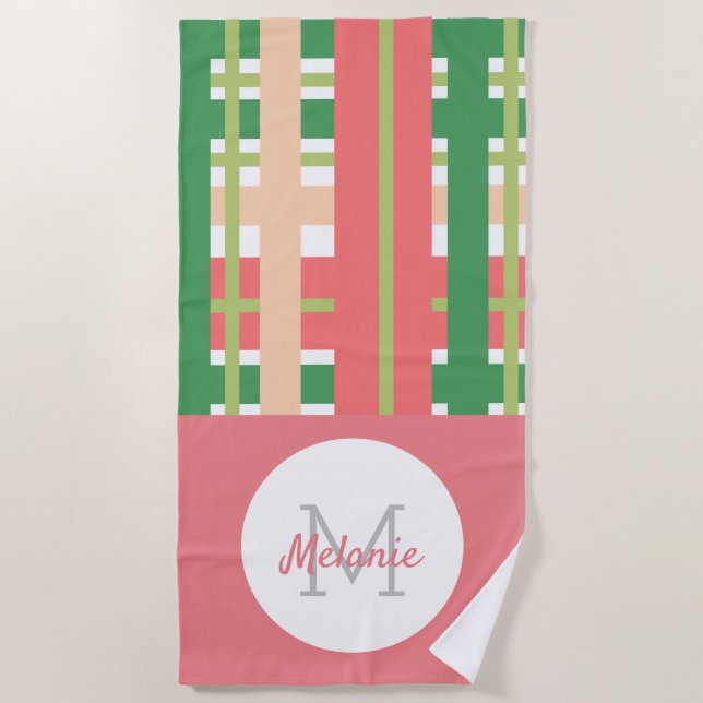 Watermelon Stripes Plaid Vertical Monogram Beach Towel (Front)