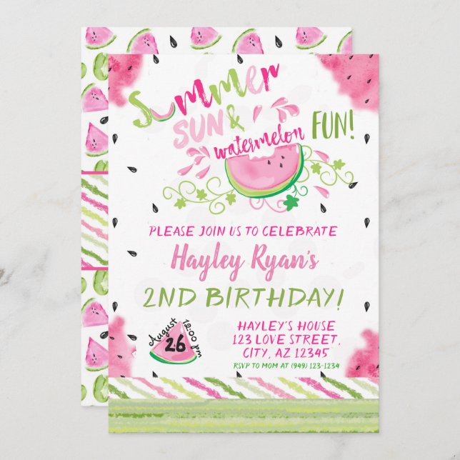 Watermelon Summer Sun Fun Any Age Birthday Invite (Front/Back)