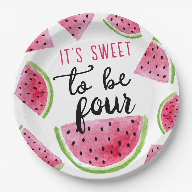 Watermelon Sweet to Be Four Birthday Party Paper Plate (Front)