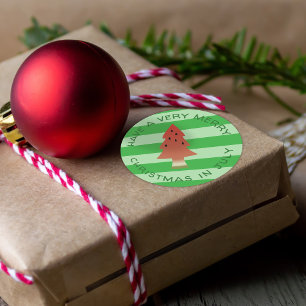 Watermelon Tree Christmas in July Green Stripe  Classic Round Sticker