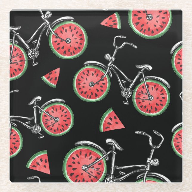 Watermelon wheel bicycles, summer pattern. glass coaster (Front)