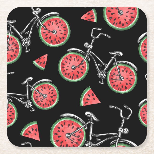 Watermelon wheel bicycles, summer pattern. square paper coaster (Front)