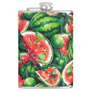 Watermelons, lime, watermelon leaves, small lime f hip flask