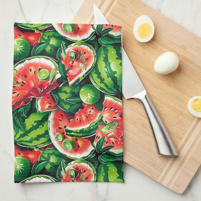 Watermelons, lime, watermelon leaves, small lime f tea towel (Quarter Fold)