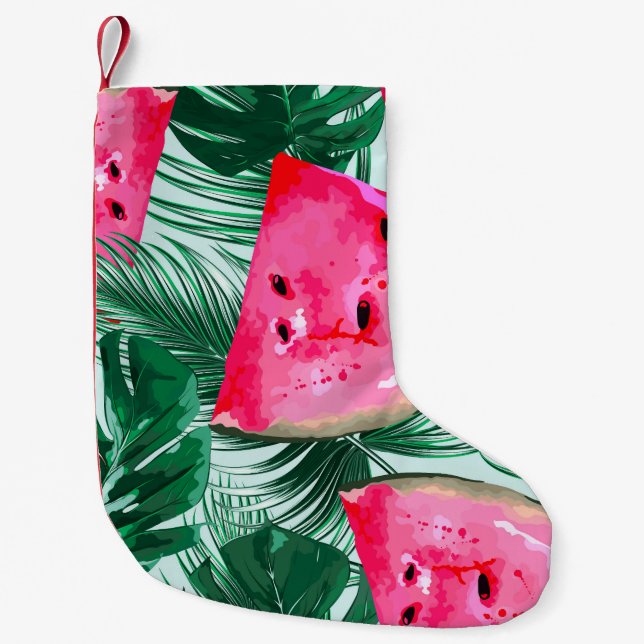 Watermelons, palm leaves: tropical seamless patter small christmas stocking (Front)
