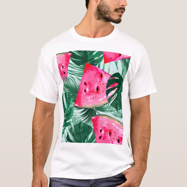 Watermelons, palm leaves: tropical seamless patter T-Shirt (Front)