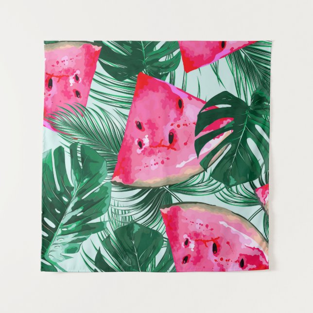 Watermelons, palm leaves: tropical seamless patter tapestry (Front)