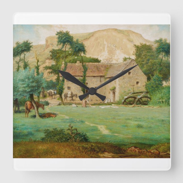 Watermill at the Foot of a Mountain Square Wall Clock (Front)