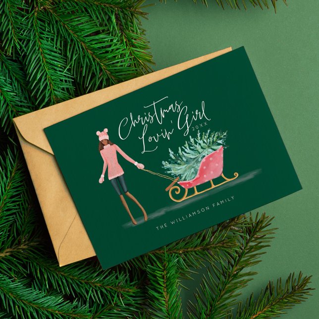 Waterolor Christmas Lovin' Girl Pulling Sleigh Holiday Card (Waterolor Christmas Lovin' Girl Pulling Sleigh Holiday Card)