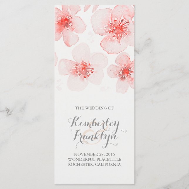 Waterolor Flower Botanical Pink Wedding Programs (Front)