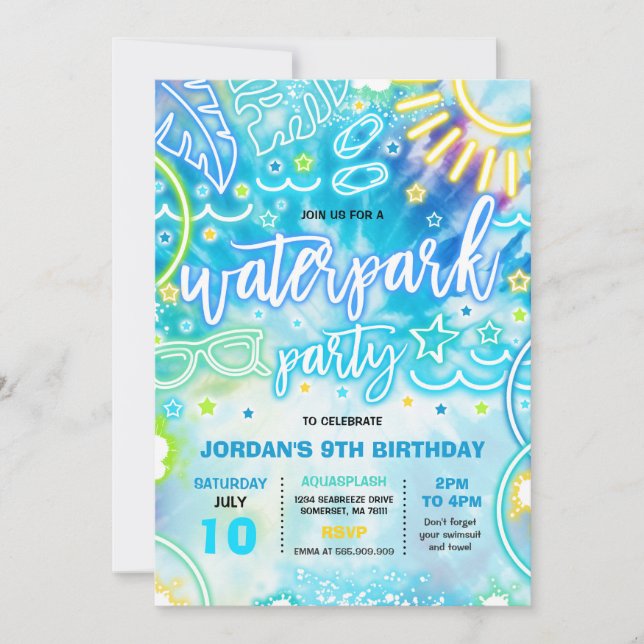 Waterpark Splash Pad Birthday Party Tie Dye Glow Invitation (Front)