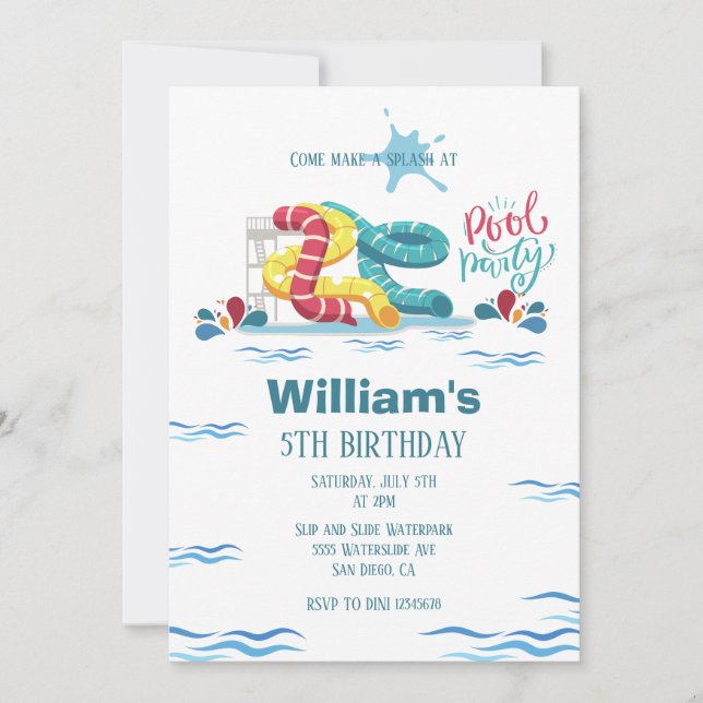 Waterpark Waterslide Pool Party Birthday Invitation (Front)