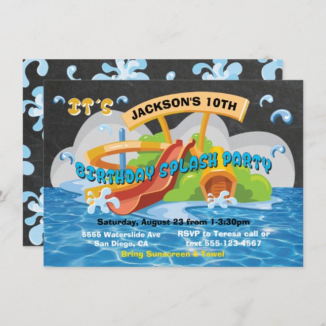 Waterpark Waterslide Pool Party Birthday Invite (Front/Back)