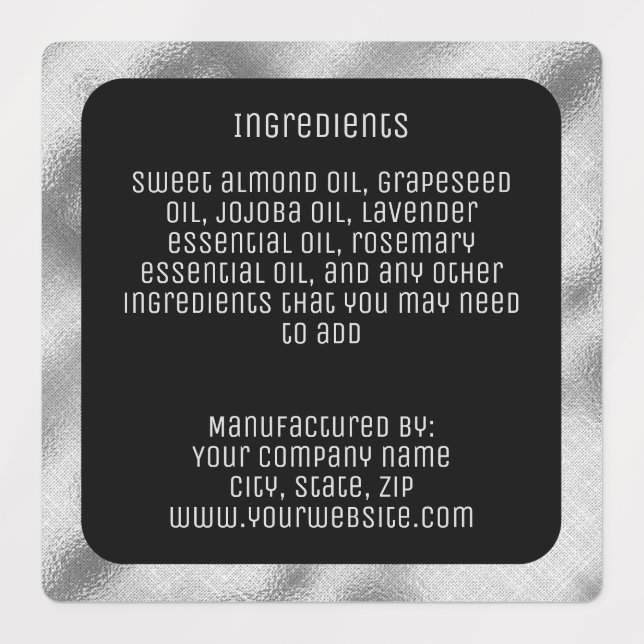 waterproof ingredients label - black silver square (Design 3)