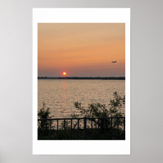 Waterscape Sunset with Aeroplane Poster